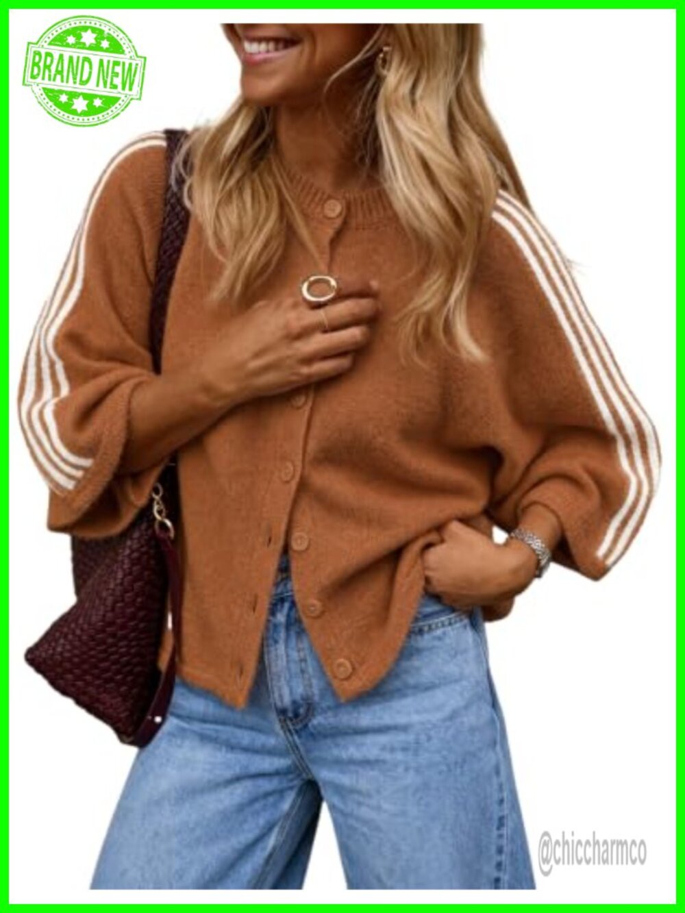 Women's Striped Colorblock Button Up Cardigan Oversized Loose Fit Sweater
